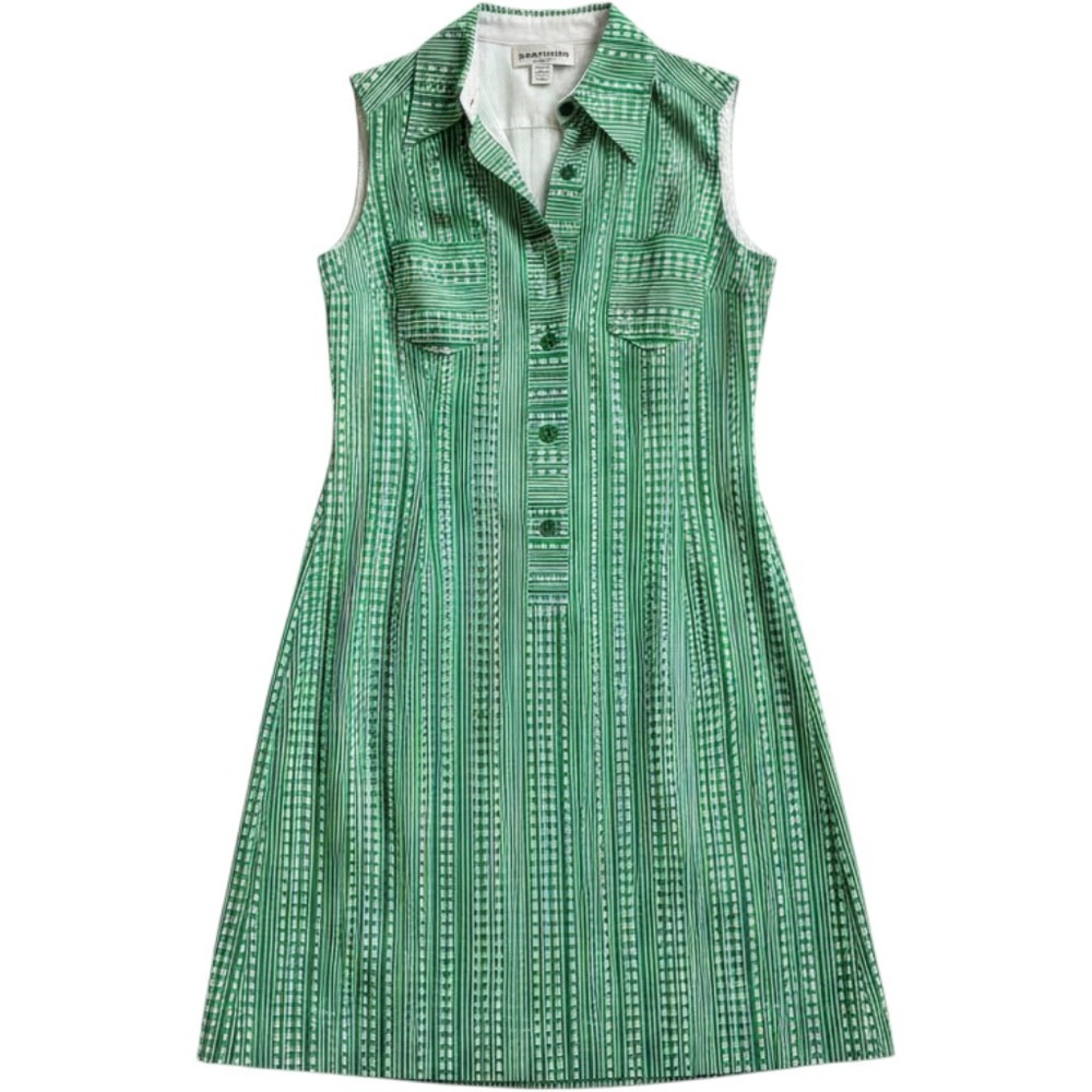 Vintage Wibor Green White Geometric Stripe Sleeveless Shift Shirt Dress 38 70s